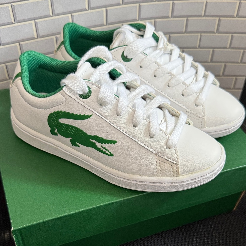LACOSTE Kid’s Carnaby Evo Synthetic Court Sneakers, White/Green, Sz 11 (Child)